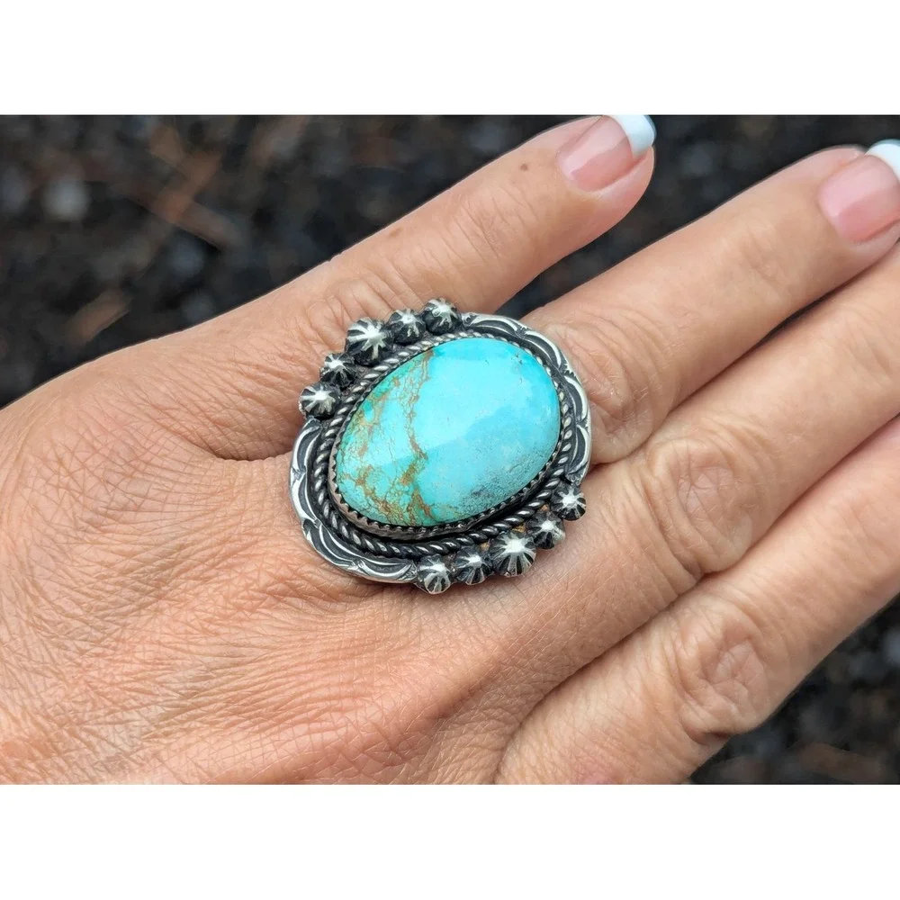 Navajo Jewelry Women's Ring Turquoise Native American‎ Signed sz 7.5 ***